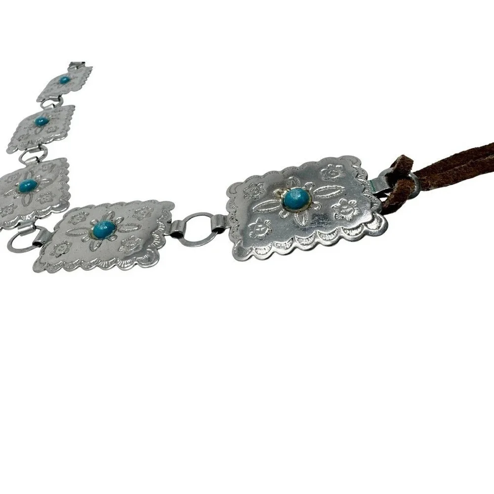 Western Concho Belt Silver Turquoise Leather Tie Boho Cowgirl Stamped Floral